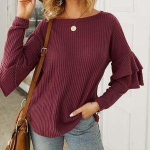 Gaovot Wine Red Ruffle Sleeve Sweater